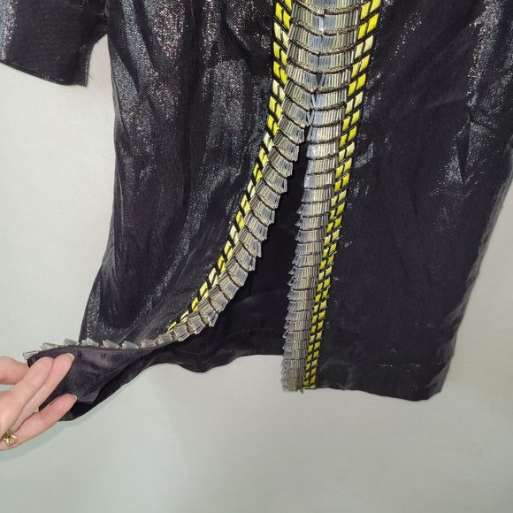 Kora Rae Robe Dress Womens S Embroidered Beaded Zip Front Long Sleeve Black Lame - Picture 5 of 12